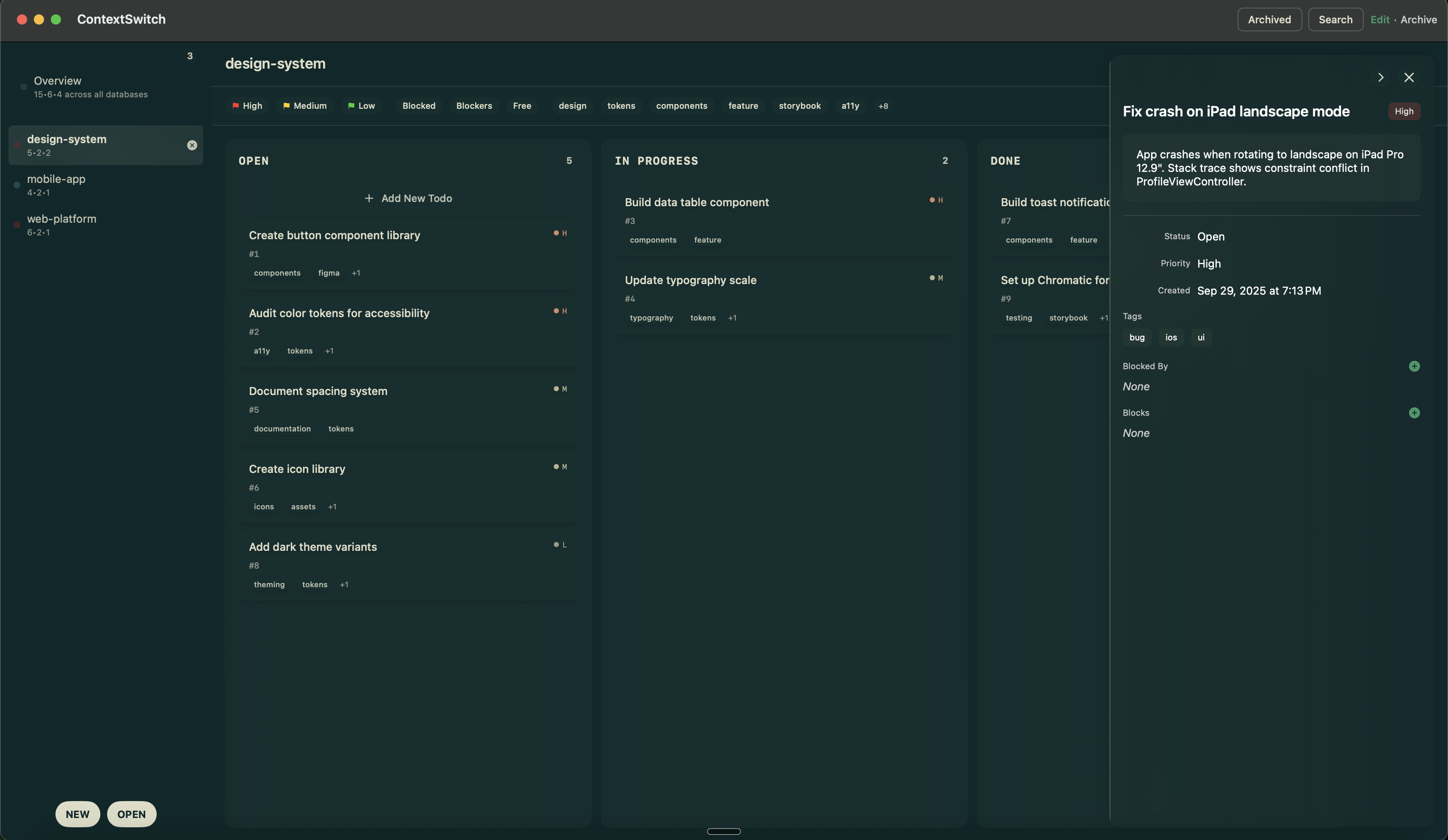 ContextSwitch kanban board showing multiple projects