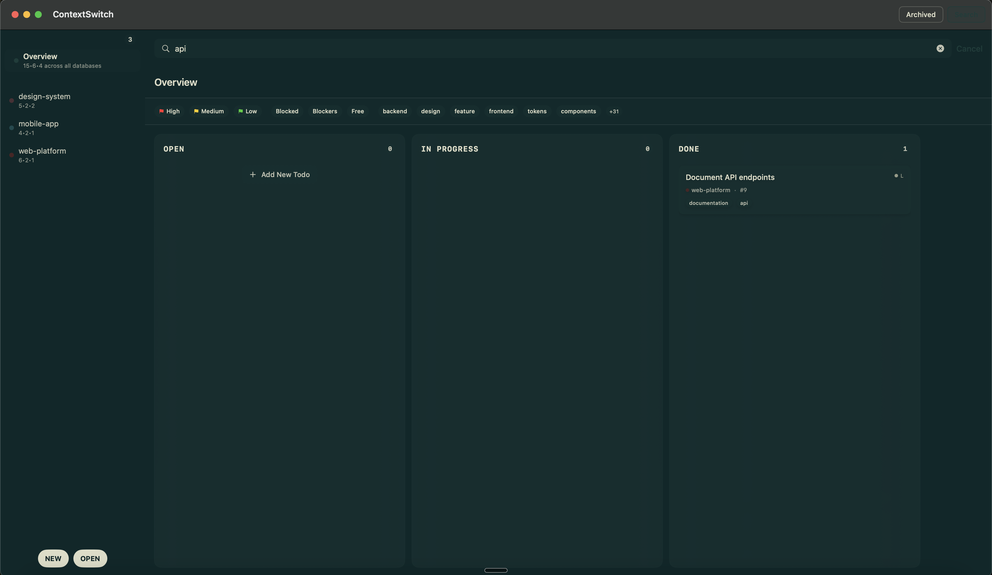 Overview showing tasks across all databases