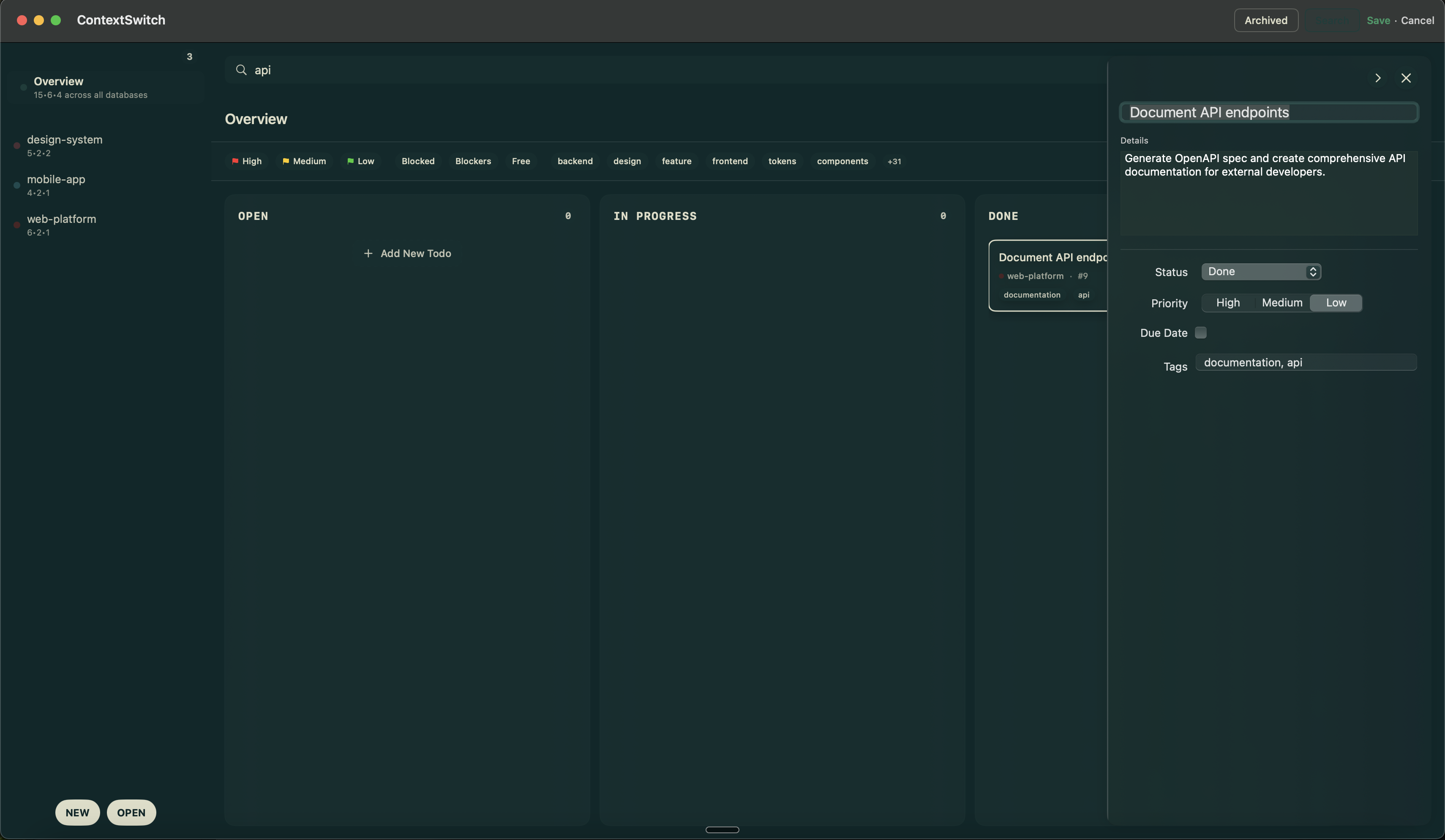 Task detail view with editing options