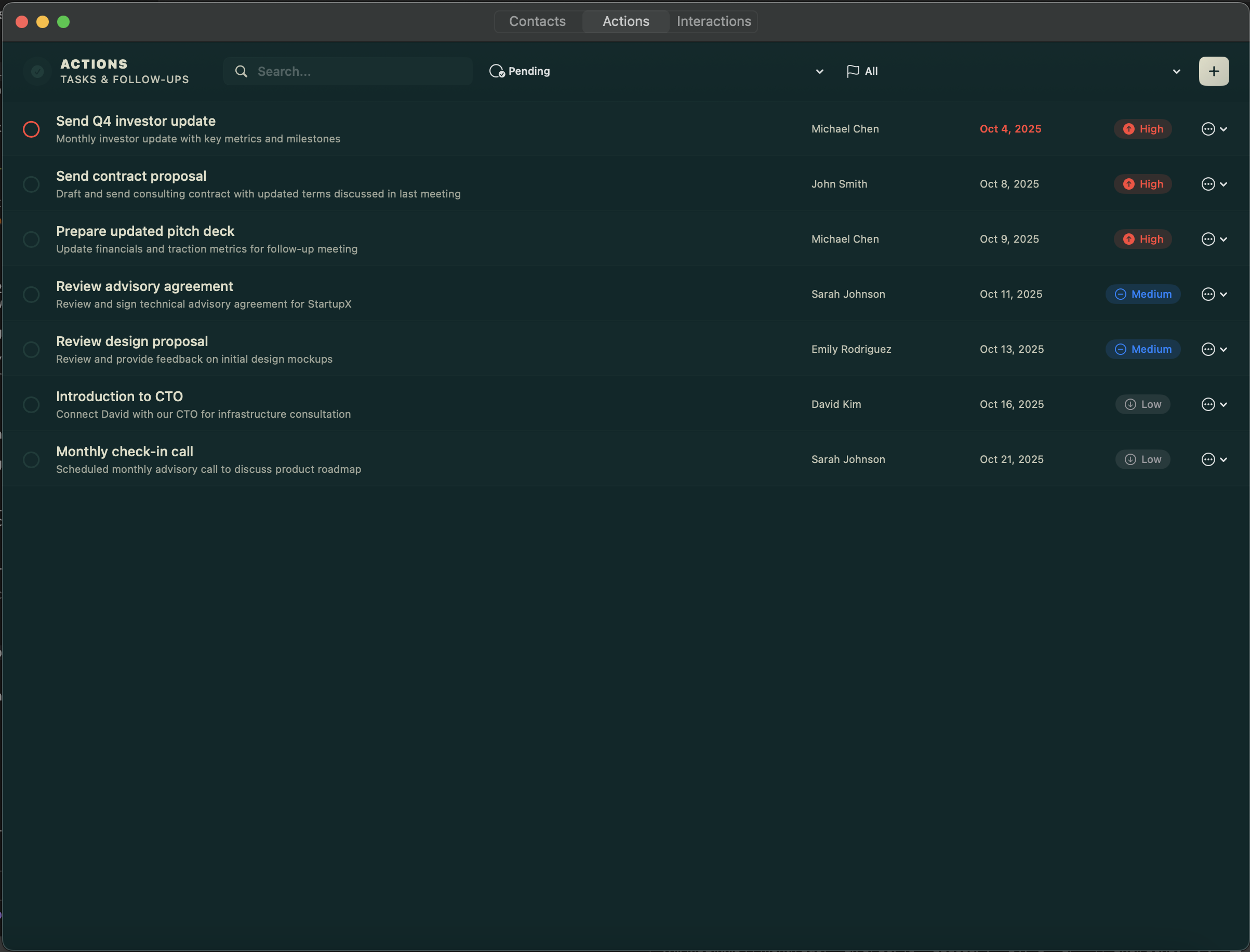 Actions view with tasks and follow-ups