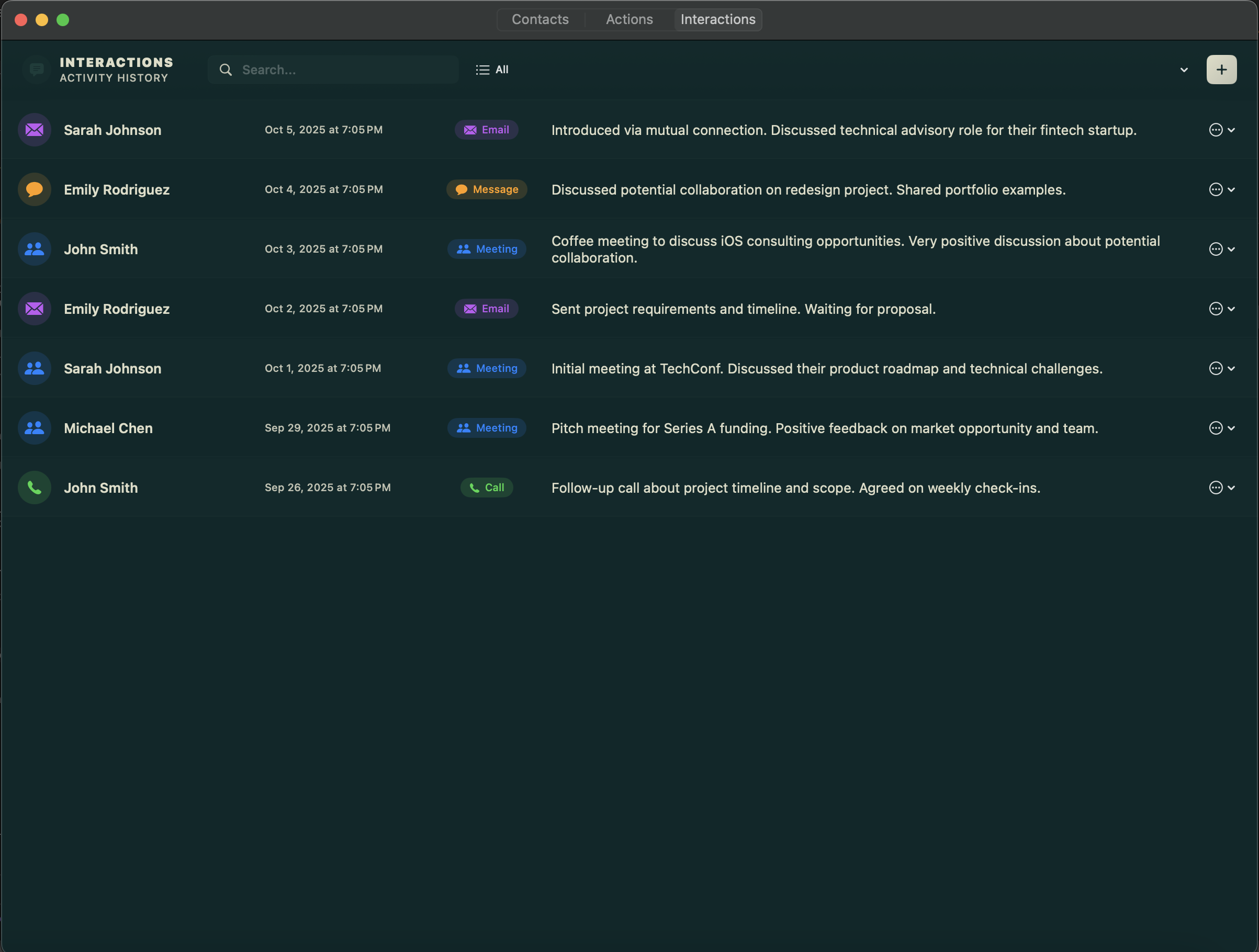 Interactions timeline showing activity history